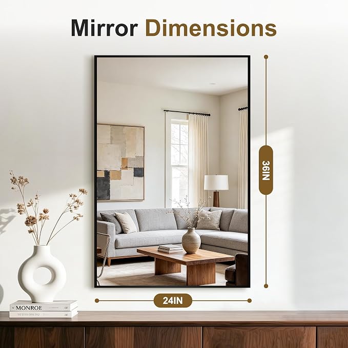 Bathroom Vanity Mirror for Over Sink, 36x24 Inch Matte Black Mirror | Shatterproof Tempered Glass, Anti-Rust Metal Frame, Rectangle Wall Mirrors for Bedroom, Living Room & Entryway