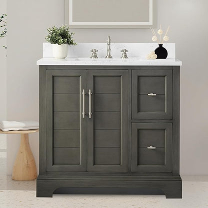 HOMEBEYOND 36 Inch Bathroom Vanity with Single Sink & Ceramic Top, Vanity Cabinet with Center Countertop Basin, Soft-Closing Doors, Backsplash,Sliver Grey