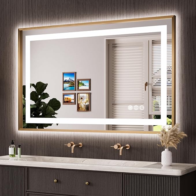 48"X30" LED Bathroom Mirror with Front Lit and Backlit(Brushed Gold) | Metal Framed Mirror, Stepless Dimmable, Anti-Fog, HD Reflection, Shatter-Proof, Memory, 3 Colors, Double LED Vanity Mirror.