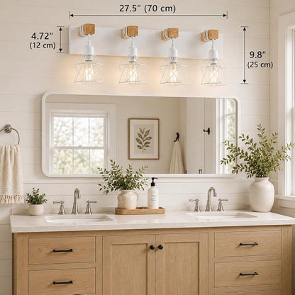 Farmhouse Vanity Light Fixture,4-Light Bathroom Lighting,White Modern Wood Wall Light Over Mirror with Metal Shade,LED Bulbs Not Included