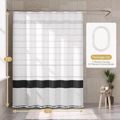 AmazerBath Boho Shower Curtain Set, Rustic Faux Linen Black Striped Shower Curtain with Hooks, Modern Farmhouse Shower Curtain with Tassels, White Base Toned, 72x72 Inches