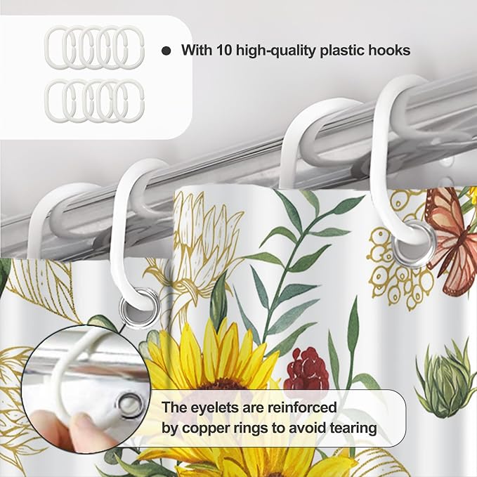 AWERT Vibrant Sunflower Shower Curtain for Bathroom,Waterproof Fabric Plants Shower Curtain with Hooks 60x72 inch