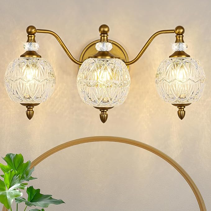 Vintage Bathroom Vanity Light, 3-Light Mid Century Matte Brass Finish Wall Sconce with Globe Glass Shades, Retro Mirror Light for Bathroom, Powder Room