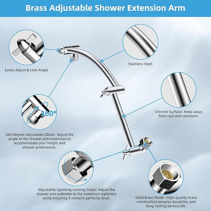 Hibbent 12'' Filtered Rain Shower Head with 16'' Extension Arm, Chrome | High Pressure Rainfall Showerhead, Brass Adjustable Shower Head Extension Arm, 20 Stage Shower Filter, Fixed Showerheads