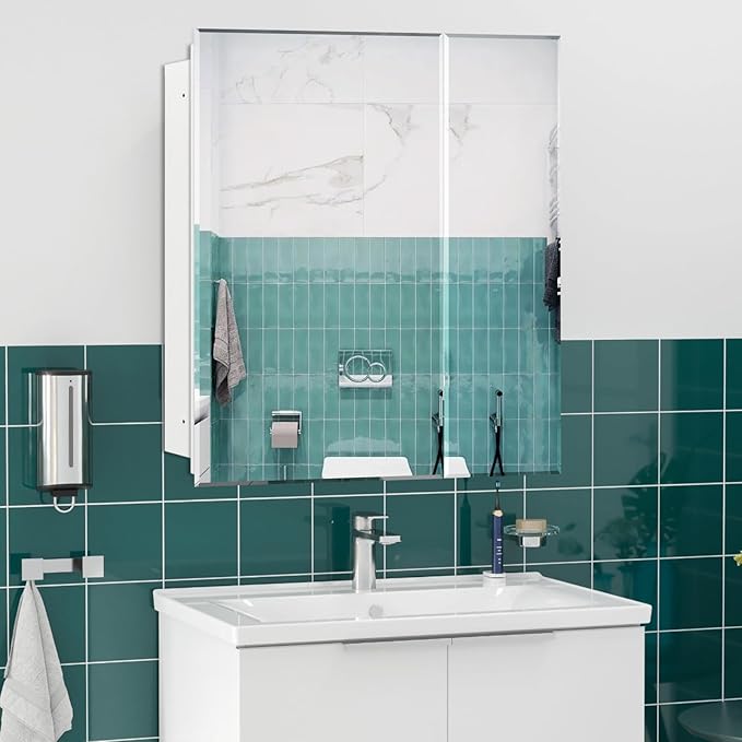30"x26" Medicine Cabinet,HD Bathroom Mirror Cabinet with Beveled Mirror,Removeable Shelves, Recessed and Surface Mount,Frameless Bathroom Mirror with Storage
