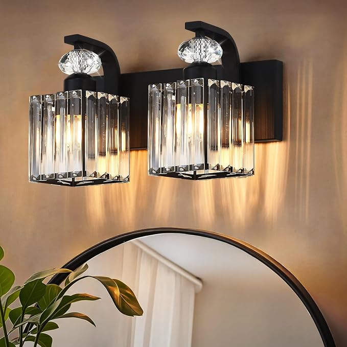 Modern Bathroom Vanity Light, 2-Light Black Bathroom Lighting Fixtures Over Mirror, 12.6" Crystal Wall Light Sconce for Bathroom/Bedroom/Vanity, Includes LED Bulbs, Easy Installation