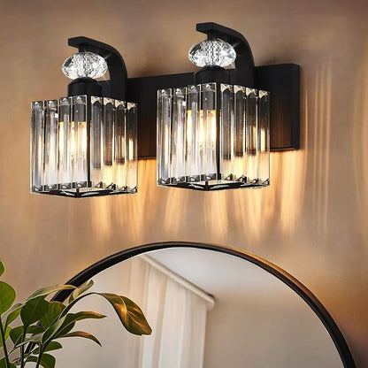 Modern Bathroom Vanity Light, 2-Light Black Bathroom Lighting Fixtures Over Mirror, 12.6" Crystal Wall Light Sconce for Bathroom/Bedroom/Vanity, Includes LED Bulbs, Easy Installation