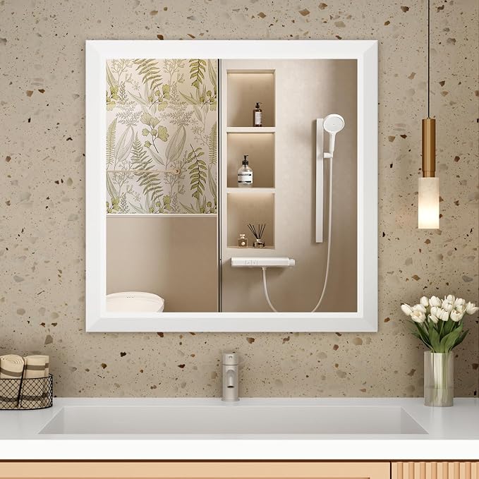SMIROR 30x30 Matte White Bathroom Vanity Mirror for Over Sink | Metal Wide Frame, Rectangle, Right- Angle Corner, Anti-Rust, Horizontally or Vertically Wall- Mounted for Home Remodel
