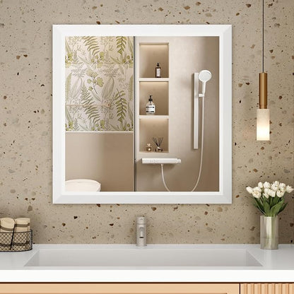 SMIROR 30x30 Matte White Bathroom Vanity Mirror for Over Sink | Metal Wide Frame, Rectangle, Right- Angle Corner, Anti-Rust, Horizontally or Vertically Wall- Mounted for Home Remodel