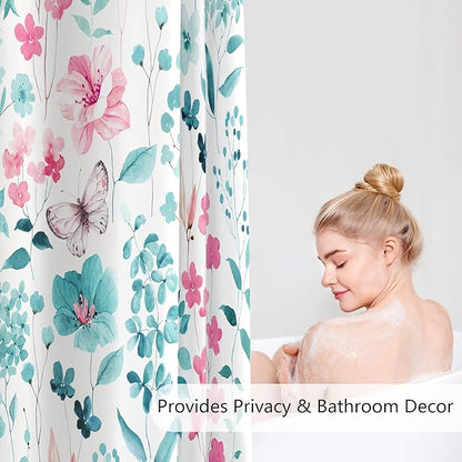 Teal Pink Floral Shower Curtain, Cute Flower Fabric Shower Curtains for Bathroom, Watercolor Wildflower Butterfly Cloth Shower Curtain Set with Hooks, 72x72