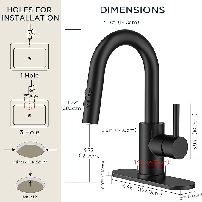 FORIOUS Matte Black Bathroom Faucet with Pull Down Sprayer, Single Hole Bar Sink Faucet 1 Hole with Pop Up Drain Hose, Suitable for Bathroom, RV,Vanity, Restroom & Utility Sink