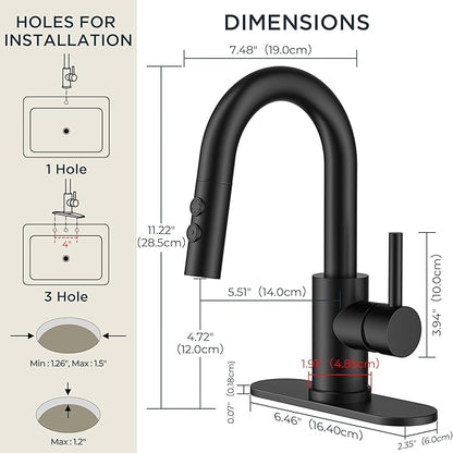 FORIOUS Matte Black Bathroom Faucet with Pull Down Sprayer, Single Hole Bar Sink Faucet 1 Hole with Pop Up Drain Hose, Suitable for Bathroom, RV,Vanity, Restroom & Utility Sink