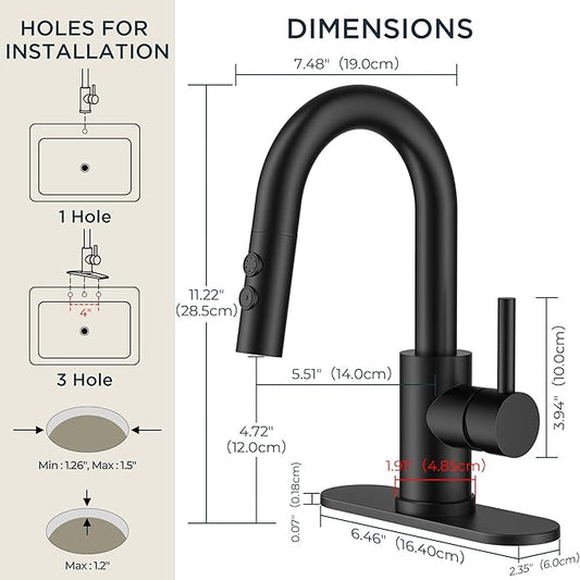 FORIOUS Matte Black Bathroom Faucet with Pull Down Sprayer, Single Hole Bar Sink Faucet 1 Hole with Pop Up Drain Hose, Suitable for Bathroom, RV,Vanity, Restroom & Utility Sink