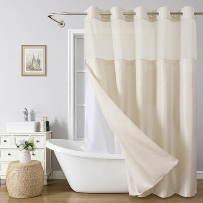 eachope No Hook Boho Arch Shower Curtain with Snap-in Liner Set,71x74,Cream | 230GSM Thick Fabric,Easy to Install,Sheer Window,Magnetic Weighted Hem,Waterproof & Machine Washable,for Bathroom,Hotel