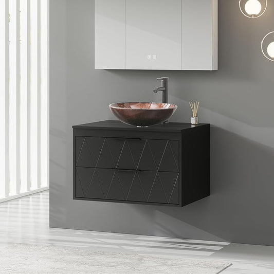 eclife 30" Floating Bathroom Vanities with Sink Combo, Wall Mounted Modern Cabinet W/Diamond Line Pattern Design, Brown Round Glass Vessel Sink W/Water Save Faucet & Pop Up Drain, Black