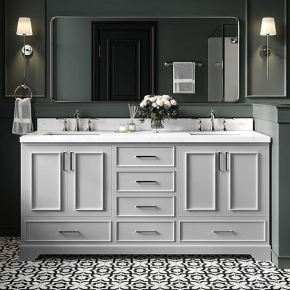 Langford 72-inch Grey Bathroom Vanity with Left & Right Rectangle Double Sinks, Carrara White Quartz Countertop & Backsplash, Solid Wood Frame, Soft-Closing & Dovetail Drawers