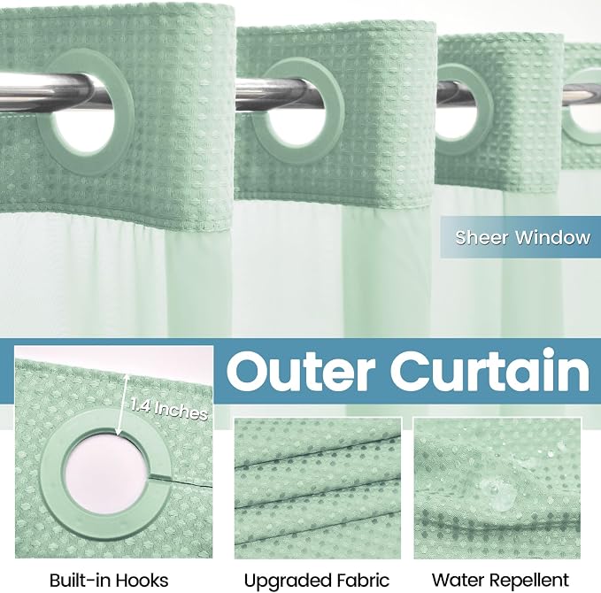 EUTXL Heavyweight Mint Green Long No Hook Shower Curtain with Snap in Liner,256GSM Waffle Weave Shower Curtains for Bathroom,71W x 86H