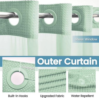EUTXL Heavyweight Mint Green Long No Hook Shower Curtain with Snap in Liner,256GSM Waffle Weave Shower Curtains for Bathroom,71W x 86H