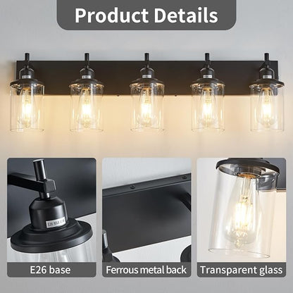 Lanhall 5-Light Black Bathroom Light Fixture Over Mirror Modern Farmhouse Bathroom Vanity Light Vintage Wall Lighting with Clear Glass Shade for Bathroom, Bedroom, Hallway, Cabinet