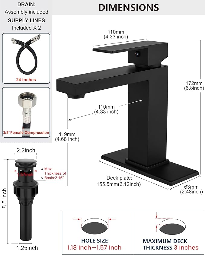 Midanya Bathroom Faucets 1 Hole, Single Handle Stainless Steel Bathroom Sink Faucet, Modern Vanity Faucets with Deck Plate,Water Supply Hoses and Pop Up Drain,Matte Black