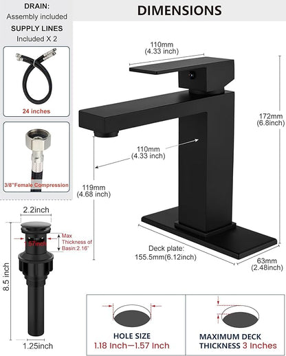 Midanya Bathroom Faucets 1 Hole, Single Handle Stainless Steel Bathroom Sink Faucet, Modern Vanity Faucets with Deck Plate,Water Supply Hoses and Pop Up Drain,Matte Black