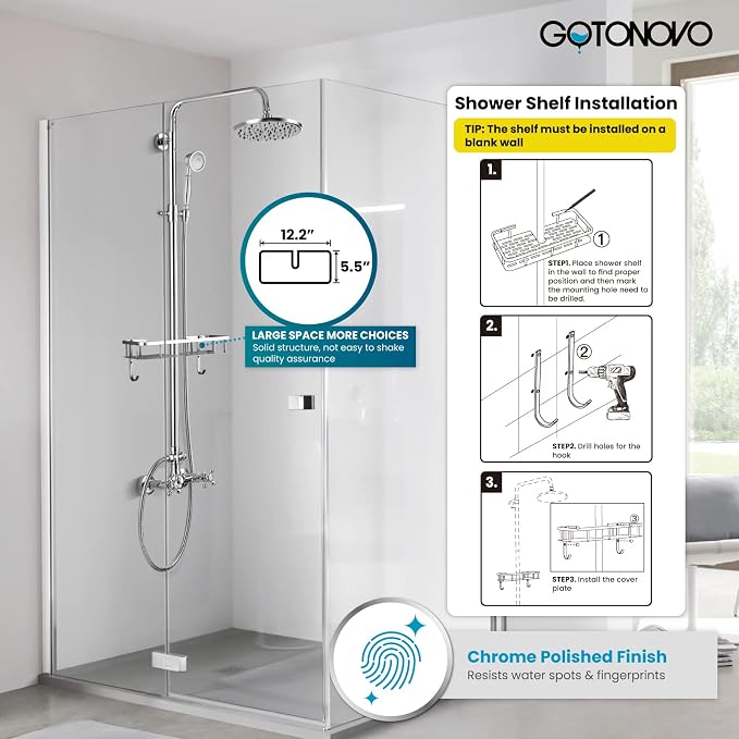 gotonovo Exposed Shower System with Shelf 2 Cross Handle Polished Chrome | Bathroom Brass Shower Faucet Set,8’’ Rainfall Head with Handheld Sprayer,SUS304 Shelf,6’’ Hole Distance,Adjustable Height