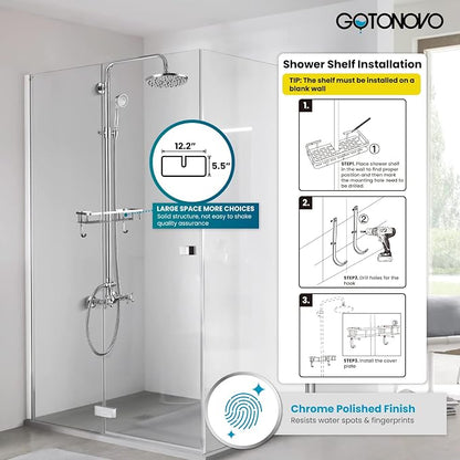 gotonovo Exposed Shower System with Shelf 2 Cross Handle Polished Chrome | Bathroom Brass Shower Faucet Set,8’’ Rainfall Head with Handheld Sprayer,SUS304 Shelf,6’’ Hole Distance,Adjustable Height