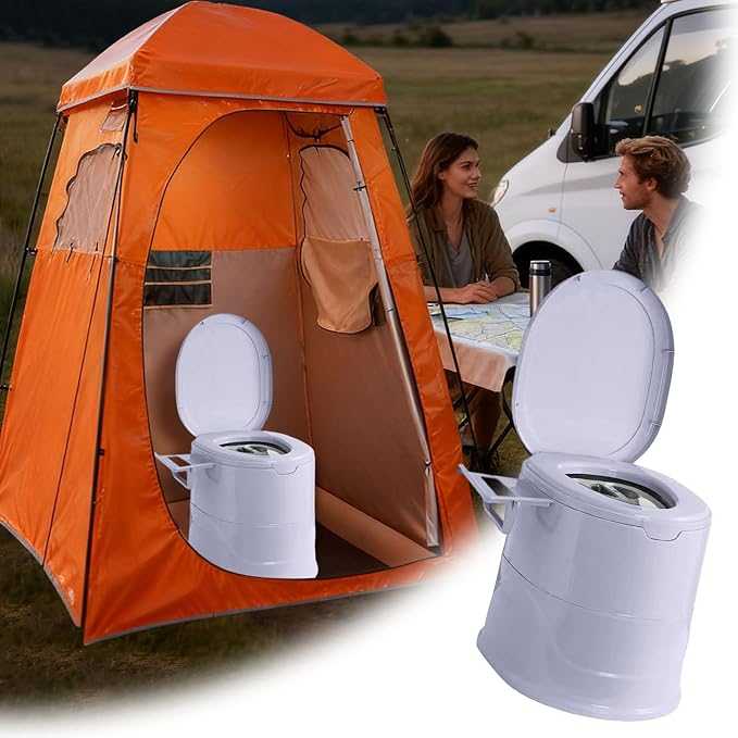 Portable Toilet for Camping, Indoor Outdoor Commode with 2 Detachable Inner Bucket, Removable Paper Holder, Toilet Brush, Travel Toilets for Camping, Hiking, Boat, Van, Emergency Use (Light Gray)