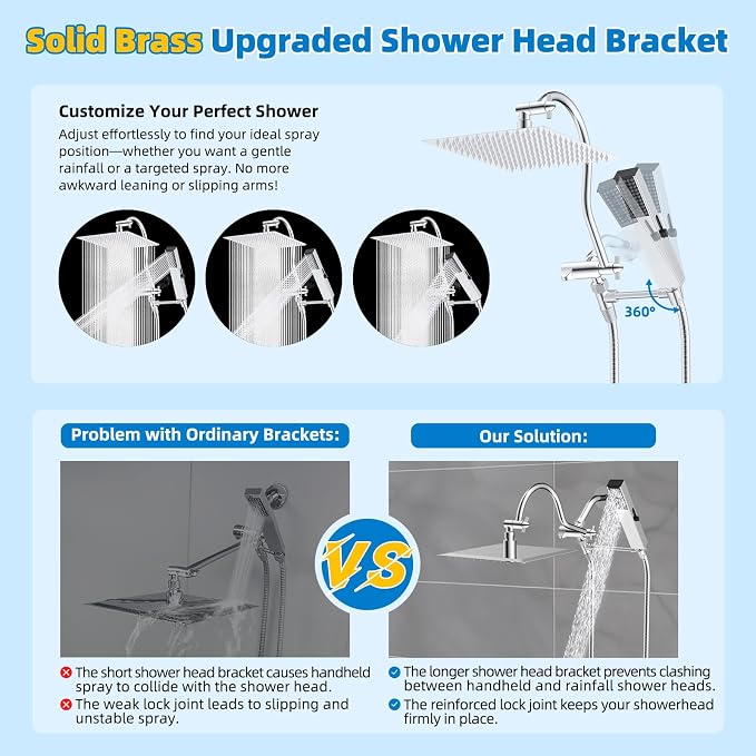 Hibbent All Metal cUPC Certified Shower Head, 12'' High Pressure Rainfall Shower Head, Showerhead Combo, Handheld Shower Wand, 12'' Adjustable Extension Arm, 4-Spray, 71'' Hose, Shower Holder, Chrome