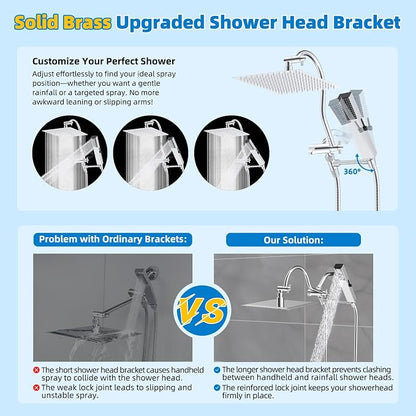 Hibbent All Metal cUPC Certified Shower Head, 12'' High Pressure Rainfall Shower Head, Showerhead Combo, Handheld Shower Wand, 12'' Adjustable Extension Arm, 4-Spray, 71'' Hose, Shower Holder, Chrome