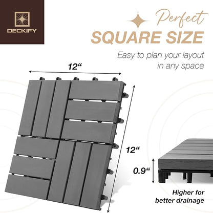 Acacia Interlocking Deck Tiles Outdoor Waterproof All Weather Grey Crossed | Raised Drainage Base, 12x12 In, Trimmable, Oil-Rubbed Finish, No Tools or Sealant Required, Weather-Resistant, Washable