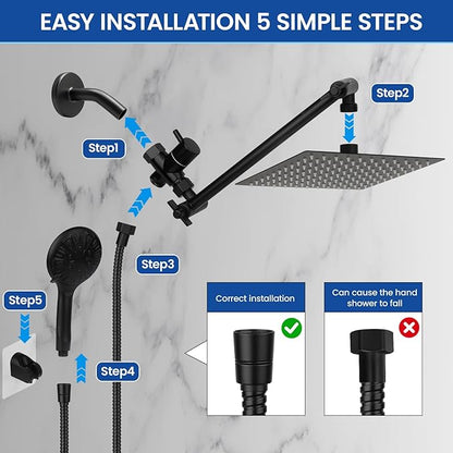 Shower Head, 12'' High Pressure Rainfall/Handheld Shower Combo, Matte Black | 9 Settings, Anti-leak Shower Head with 11'' Extension Arm, Holder, Hose, Height/Angle Adjustable Shower, 1.75GPM