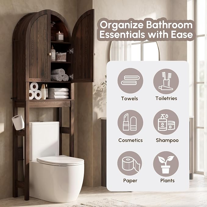 HMstone Over The Toilet Storage Cabinet, Arched Bathroom Organizer and Storage with Doors and Adjustable Shelf, Space-Saving Freestanding Bathroom Modern Storage Cabinet Over Toilet (Walnut)