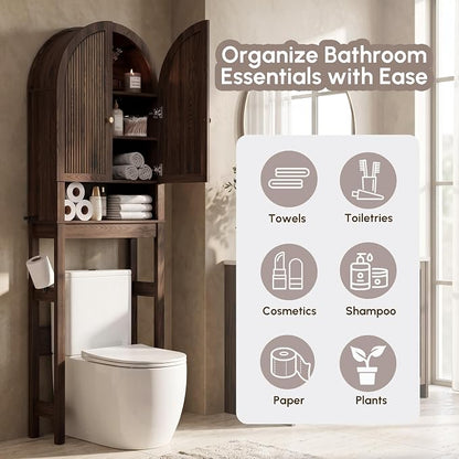 HMstone Over The Toilet Storage Cabinet, Arched Bathroom Organizer and Storage with Doors and Adjustable Shelf, Space-Saving Freestanding Bathroom Modern Storage Cabinet Over Toilet (Walnut)