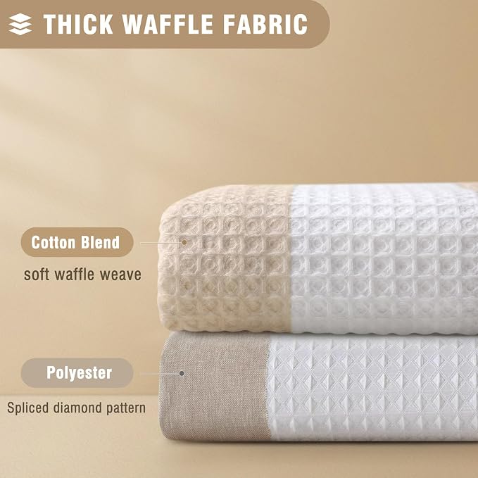 Long Beige Stripe Waffle Shower Curtain Heavyweight Cotton Fabric 72Wx78L | Soft Cotton Cloth,3D Square Truely Waffle Washable, Hotel Luxury Spa, Shower Curtain Set for Bathroom 12 Plastic Hooks