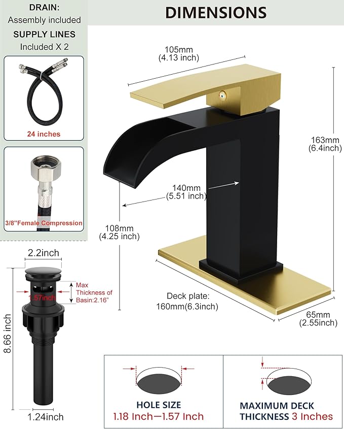 Midanya Waterfall Bathroom Faucet, Single Handle Bathroom Sink Faucet for Sink 1 or 4 Inch 3 Hole, Stainless Steel Vanity Faucets with Deck Plate and Pop up Drain,Brushed Gold and Matte Black