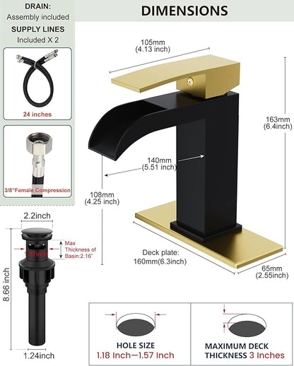 Midanya Waterfall Bathroom Faucet, Single Handle Bathroom Sink Faucet for Sink 1 or 4 Inch 3 Hole, Stainless Steel Vanity Faucets with Deck Plate and Pop up Drain,Brushed Gold and Matte Black