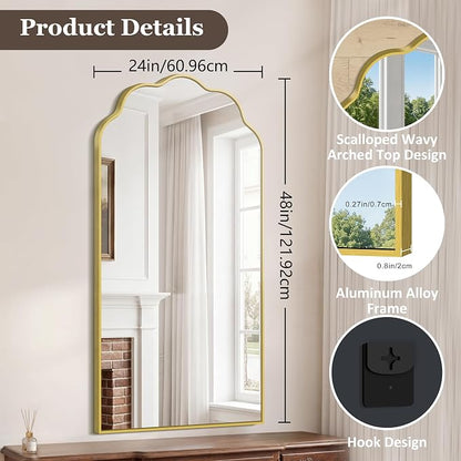 Gold Arched Mirror, 24×48Inch Scalloped Mirror for Bathroom, Wavy Wall Mounted Vanity Mirror with Aluminum Alloy Frame for Livingroom Bedroom and Entryway, Tempered Glass