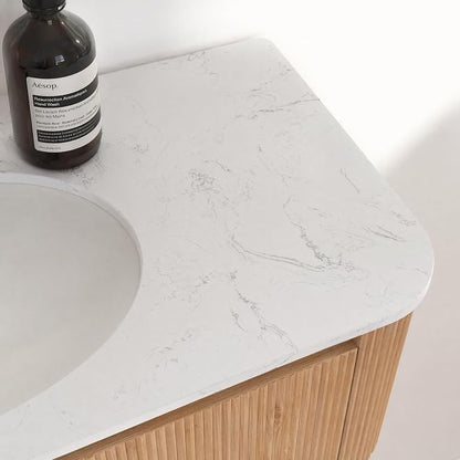 42 Inch Wall Mounted Bathroom Vanity with Ceramic Sink, Pre-Assembled Floating Vanity Cabinet with Cararra Artificial Countertop, Wave Texture Finish & Drawer, Wood