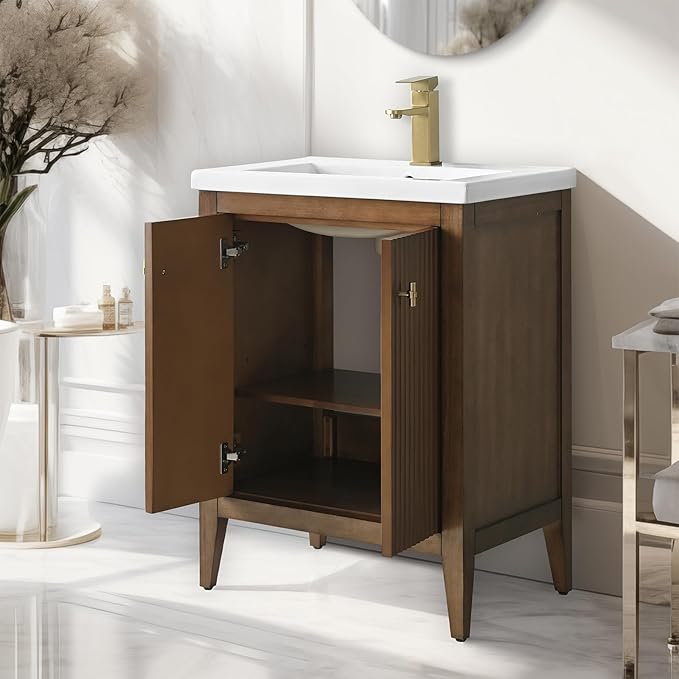 Vanity Art 24 inch Bathroom Vanity with Single Sink & Ceramic Top, Vanity Cabinet with Soft-Closing Door, Solid Wood Frame, Linear Pattern, Walnut, Golden Brushed Handware VA9124-Walnut-GB
