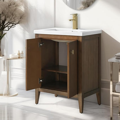 Vanity Art 24 inch Bathroom Vanity with Single Sink & Ceramic Top, Vanity Cabinet with Soft-Closing Door, Solid Wood Frame, Linear Pattern, Walnut, Golden Brushed Handware VA9124-Walnut-GB