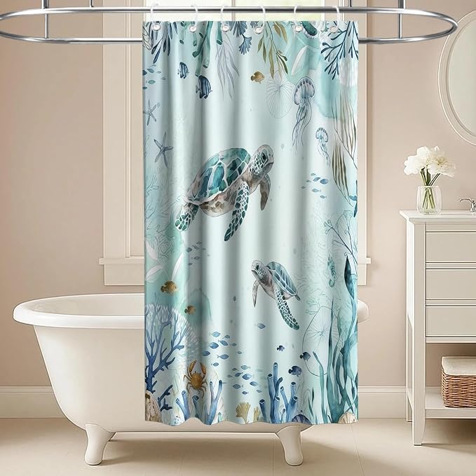 Ocean Cute Turtle Shower Curtain Nautical Modern Luxury Tropical Coral | Nature Shower Curtains for Bathroom, Waterproof Bath Curtain with Hooks Machine Washable Bathtub Curtains 36x72 Inch Blue