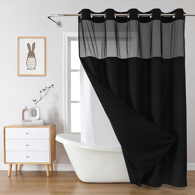 eachope No Hook Waffle Shower Curtain with Snap-in Liner, 60x74 Inch, Black | 230GSM waffle weave fabric, waterproof liner set with 2 bottom magnets, mesh window, washable, for shower stalls or bathrooms
