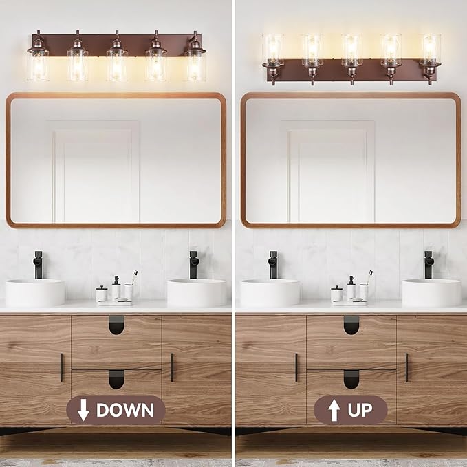 5-Light Bronze Bathroom Light Fixtures Over Mirror,Modern Bathroom Vanity Light with Clear Glass Shade, Wall Sconce for Bathroom Hallway Cabinet Bedroom Kitchen Living Room Foyer E26 Base