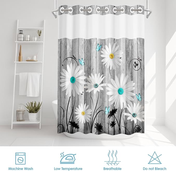 No Hook Shower Curtain with Snap in Liner 71x86 Inch Daisy Flower | Wooden Boards Gray Modern Double Layers Waterproof Fabric with See Through Top Window Open Grommet Bath Curtain