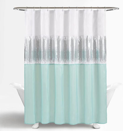 Lush Decor Night Sky Shower Curtain, Single, 72" W x 72" L, White & Blue - Sequin Shower Curtain - Sparkly Color Block Bath Curtain - Modern Glam Bathroom Decor
