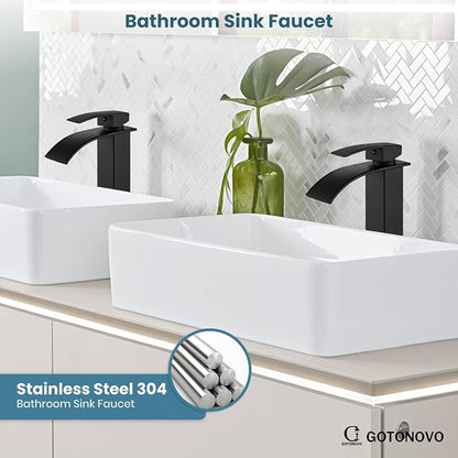 gotonovo Waterfall Tall Bathroom Faucet 1 Hole No Drain, Matte Black | Modern Vessel Sink Faucet Single Handle 304 Stainless Steel,24” cUPC Supply Hoses,for Bowl Basin Lavatory Vanity Restroom RV