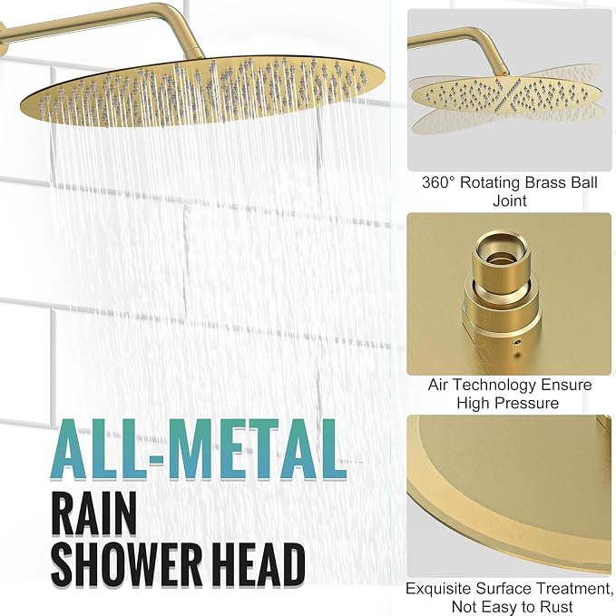 SR SUN RISE 12" Brushed Gold Rain Shower Faucet Set with Valve & Handheld | Dual-function High Pressure Shower System, 6-Setting Handheld, Pressure-balanced Valve Anti-Scald, Push-button Diverter