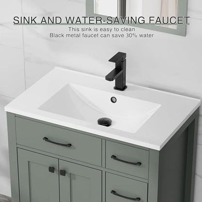LUCKWIND 30" Modern Bathroom Vanity with Sink Combo, Contemporary Painted Storage Cabinet and Single White Sink, Include Soft-Closing Doors & Matte Black Faucet, Green