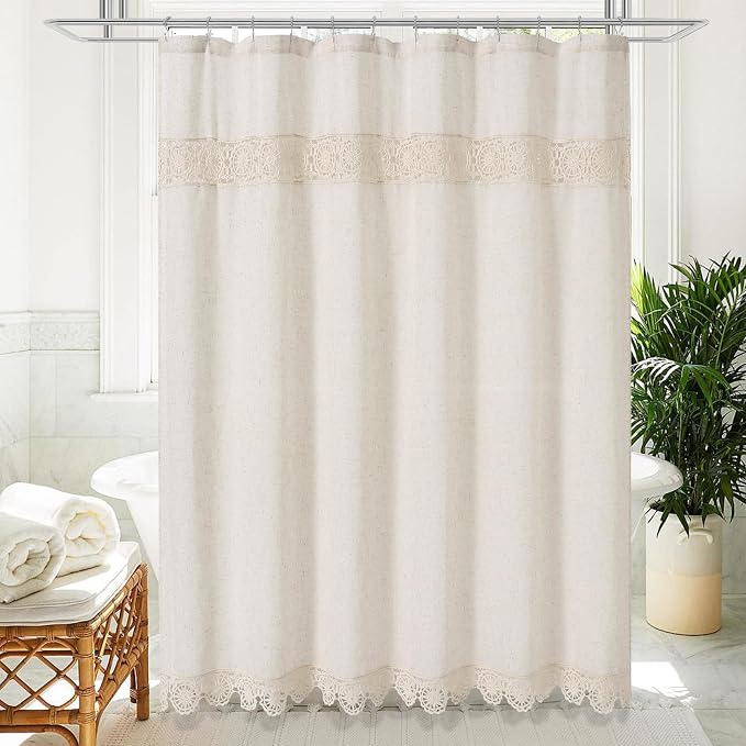 Linen Boho Lace Shower Curtain Set 72x72 | Farmhouse Shower Curtain with Macrame Decor, Bohemian Cotton French Country Bath Curtain , Beige/Cream